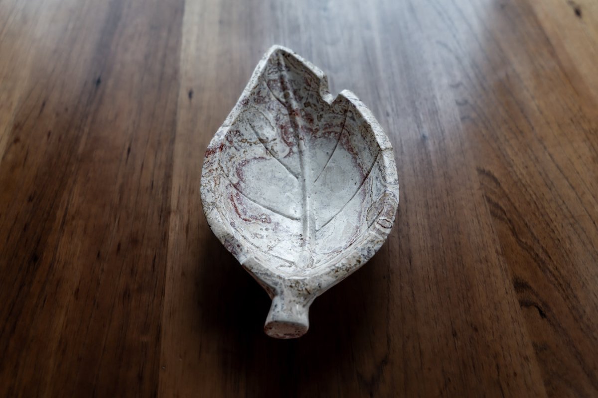 Hand carved stone tobacco leaf ashtray