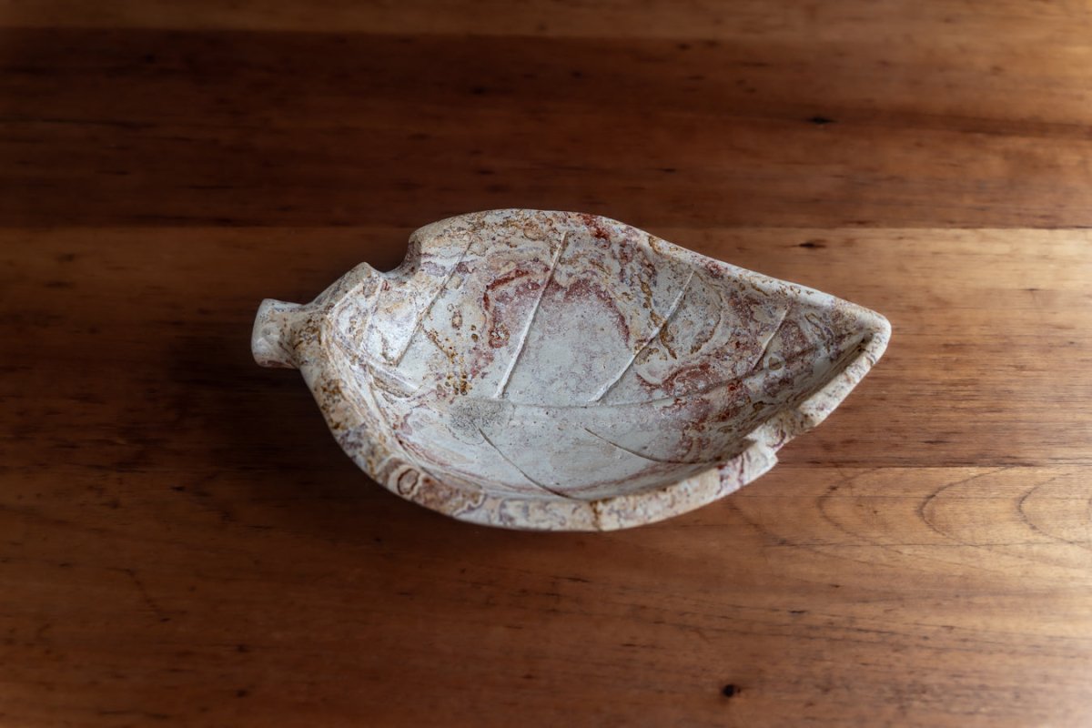 Hand carved stone tobacco leaf ashtray