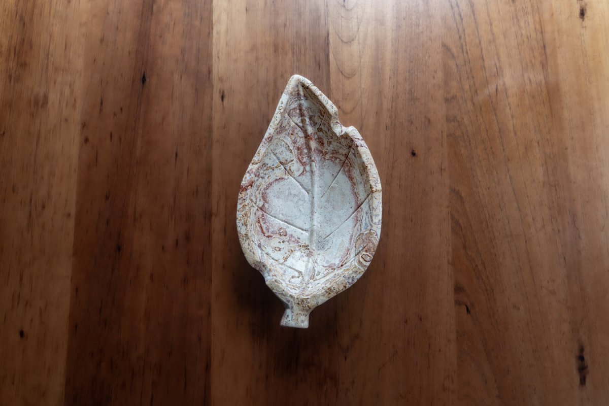 Hand carved stone tobacco leaf ashtray